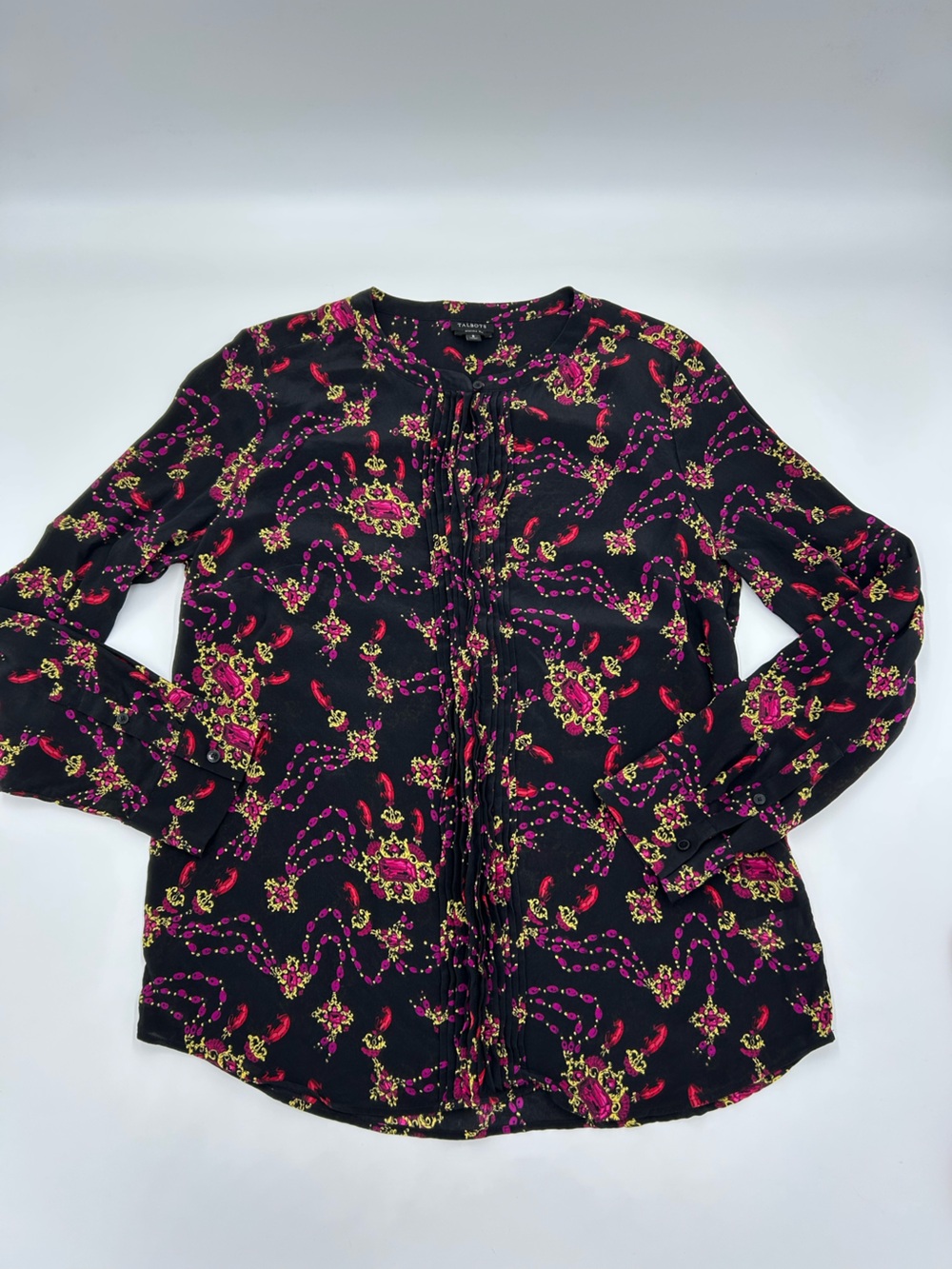 Talbots Black Keyhole Washable Silk Pink & Gold Print 8